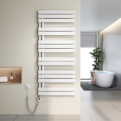 Heilmetz Toallero electrico baño 1385x600mm 800W, radiador toallero electrico con termostato Elemento Calefactor y función de Temporizador（Blanco）
