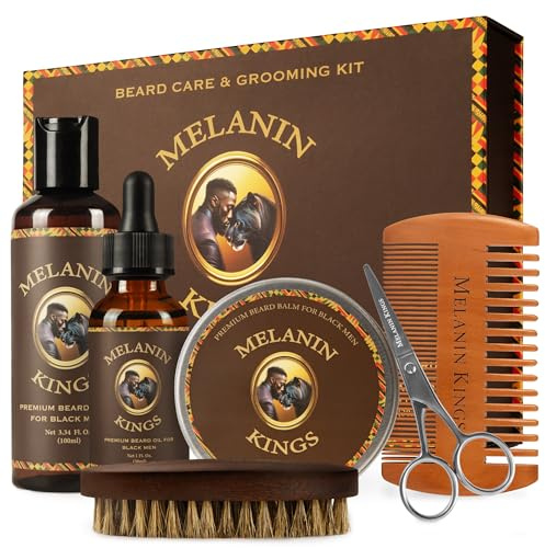 Melanin Kings Beard Grooming Kit for Men - Formulas With Ancient African Natural Ingredients | Beard Wash, Oil, Balm, Brush, Comb, Trimming Scissors