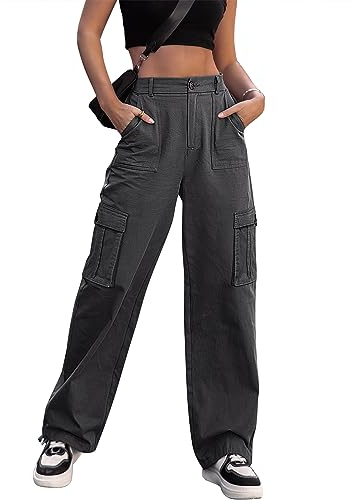 Dordanity Y2K Cargohose für Damen Baggy Hosen High Waist Wanderhose Baumwolle Arbeitshose mit Multi Taschen(Grau,L)