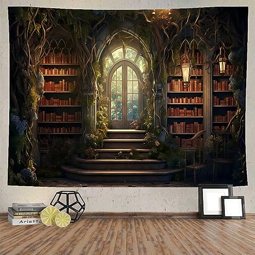 Ine Ive Wandteppich, Vintage-Bibliothekspalast, Wandbehang, 203 x 152 cm, mittelalterliche Tür, Bücherregal, Arbeitszimmer, Wandteppich für Schlafzimmer, Wohnzimmer, Wohnheim, Heimdekoration