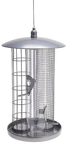 Spetebo XL Edelstahl Vogel Futterstation mit 4 Sitzstangen - 36 x 22 cm - Metall Vogel Futterhaus groß zum Hängen - Futterstelle Vogelfutterplatz Futtersilo Futterspender für Vögel