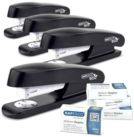Rapesco 1756 Business Pack: 4 ECO Halbstreifenheftgerät und 4 Schachteln mit Jeweils 1000 26/6mm Heftklammern, 20 Blatt Kapazität, Schwarz
