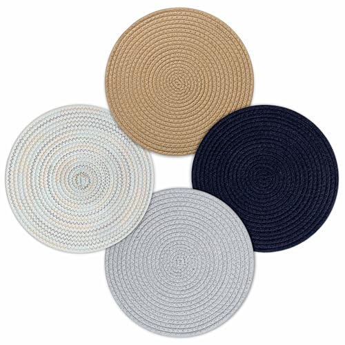 fanquare 30cm Baumwolle Rund Tischsets 4er Set, Geflochtene Platzdeckchen, Hitzebeständig rutschfest Waschbar Platzsets für Küche Esstisch, Braun