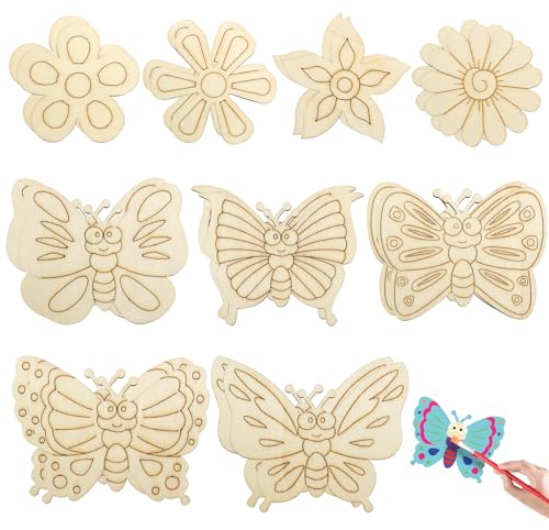 JDBlissful Holzschmetterlinge Zum Bemalen 18 Stück Schmetterlinge aus Holz + Wooden Flowers,DIY Wooden Craft for Children, for Girls Boys Children's Birthday Parties