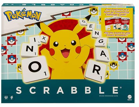 Mattel Games Scrabble Pokémon Brettspiel, Familien-Wortspiel mit zwei Spielmöglichkeiten, enthält 50 Herausforderungskarten mit Pokémon-Figuren für 2–4 Spieler, UK-Version, HXB94
