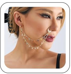 Wendalern Faux anneau de nez Anneaux de nez en perles avec houppe Chaîne en or non perçante Chaîne nez-oreille Anneau de nez indien Clous de narine Accessoires de corps pour les femmes et les filles