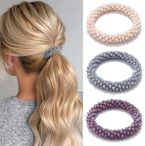 Reaky Haargummis, Perlen-Haargummis, 3 Stück, Strass-Pferdeschwanzhalter, elastische Haarbänder, Haar-Accessoires für Frauen (weiß, lila, grau)