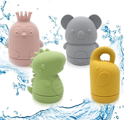 Melearch Baby Bath Toys, 4 Pcs Silicone Mold Free Bath Toys for Baby, Bathtub Toys for Toddlers 6-12 Months, Sensory Toys for Kids, Pool Beach Water Floating Toys for Boys Girls 1 2 3+ Year Olds, A