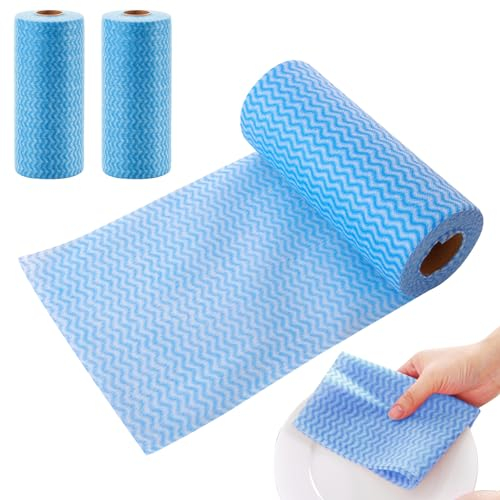 OnIUeZky 3 Rolls Kitchen Cloth 150 Sheets Disposable Dish Cloths Cleaning Cloths All Purpose Dish Cloths Non Woven Blue Cloths Wash for Kitchen Bathroom Window Glass