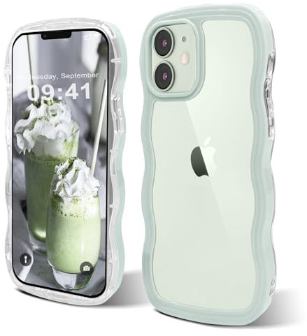 ORDA Cute Wave Frame Curly Case for iPhone 12/12 Pro - Shockproof Hard PC Cover for Women and Girls - Mint Green