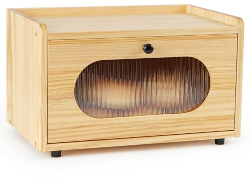GUUSII HOME Brotkasten Holz Brotbox Küchentheke Brotaufbewahrung Zirbenholz Brot Aufbewahrungsbox Küche Brotbehälter Brot Aufbewahren mit Magnetisch Acryltür Bread Box Bin 36.5x23.5x22cm(Gelb)