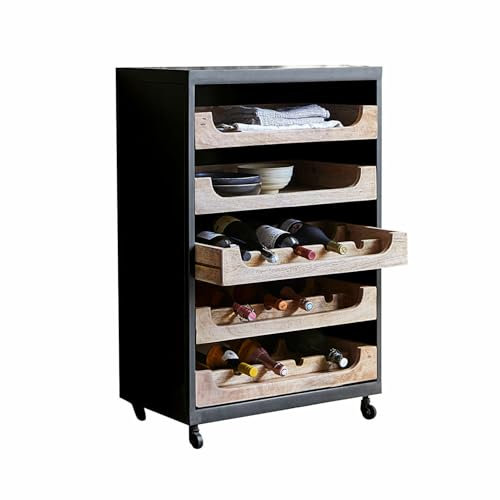 Loberon Flaschenregal Jacksonville, dezentes Industrial-Flair, Platz für 15 Flaschen, fünf Schubladen, rollbar, Weinregal, Aufbewahrung, Mangoholz, Eisen, schwarz/braun