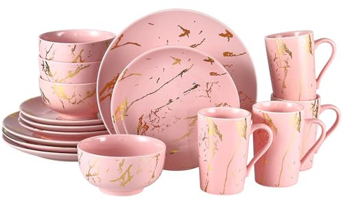 Loymokinar Porcelain Dinnerware Set,Plates and Bowls Sets with Mugs,Gold Plate Dish Set,Pink Dinnerware Set for 4,Dinner Sets with Dinner Plates.