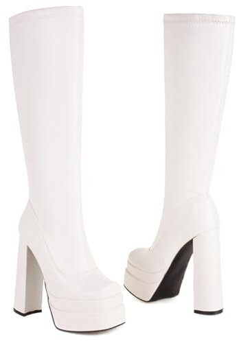 WEHAM Bianca,45,Stivali alti al ginocchio con plateau da donna, stivali lunghi invernali da donna in pelle PU con tacco largo e cerniera laterale