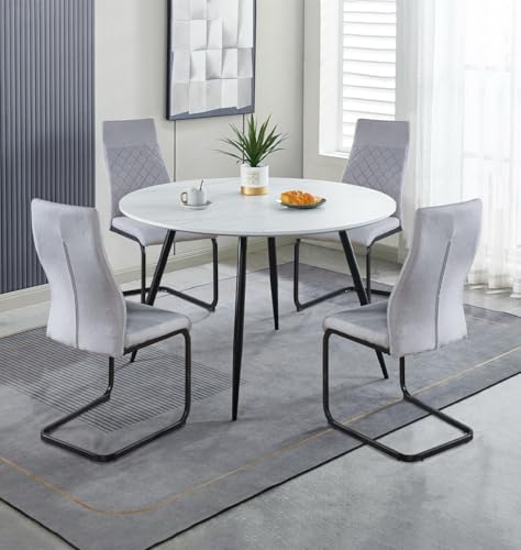 Hallowood Furniture Cullompton 120cm Round Dining Table and Chairs Set 4 | White Faux Marble Top Round Table and Chairs in Light Grey Diamond Quilted Back Design, Stylish Dinner Sets for 6 People