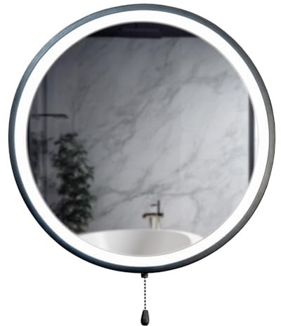 ValueLights | Matt Black Bathroom Mirror Round Battery Operated Easy Fit Mirror with Pull Switch Integrated LED | Bathroom & Home Improvements Essential