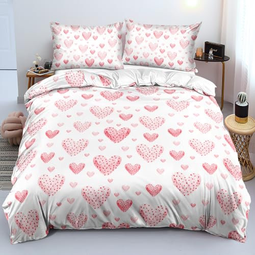 Boqingzhu Bettwäsche Herzen Aesthetic 135x200cm Rosa Pink Weiß Herz Bettwäsche Set Süß Romantisch Microfaser Einzelbett mit Kissenbezug 80x80cm mit Reißverschluss