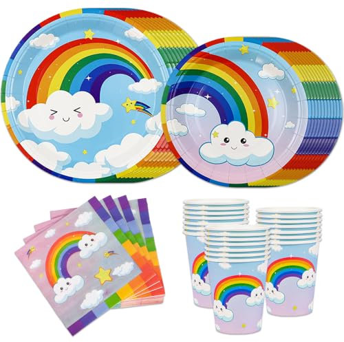 Kaseryao Regenbogen Deko Kindergeburtstag Einwegteller, Regenbogen Partygeschirr Pappgeschirr Set für 20 Gäste, Pappbecher, Pappteller Geburtstag, Serviette, Tischdeko Geburtstag (Blau)