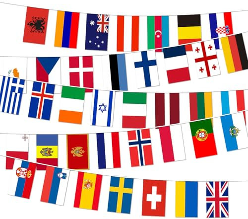 Eurovision Flaggen Girlande 12m, 2025 Fußball-EM Doppelseitige Stoff-Wimpelkette, Nationen Damen EM Fußball Europäische Fußballmeisterschaft Flagge, für Bar Club Garten Drinnen Draußen Dekorationen