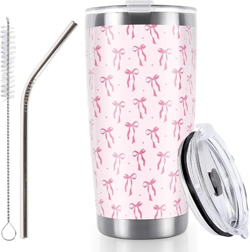 600ml/20oz Insulated Cups, Travel Mug with Lid Straw Brush, Vacuum Double Wall Stainless Steel Coffee Mug, Pink Bow Leakproof Tumbler