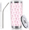 600ml/20oz Insulated Cups, Travel Mug with Lid Straw Brush, Vacuum Double Wall Stainless Steel Coffee Mug, Pink Bow Leakproof Tumbler