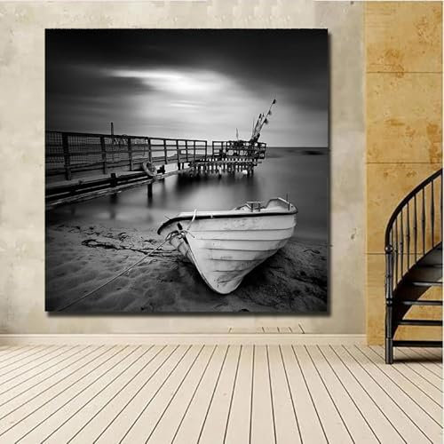 LIMAIDUO Peinture sur toile noir et blanc port voilier maison arrière-plan mur décoratif affiches et impressions Art mural photo 70x70cm sans cadre
