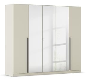 Rauch Möbel Alba, Kleiderschrank, Garderobenschrank 5-türig, mit Spiegel, mit 4 Kleiderstangen, 5 Einlegeböden und Schubladeneinsatz, Farbe Champagner, Beige, mit Griffstange, 226x197x54cm