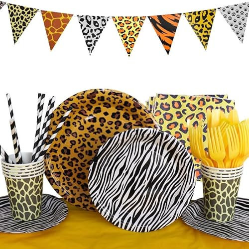 Vajilla de Leopardo 51Juego de Vajilla de Leopardo, Estampado de Leopardo Platos para Fiesta - Mantel, Platos, Vasos y Servilletas para Fiesta, Decoración y Picnic