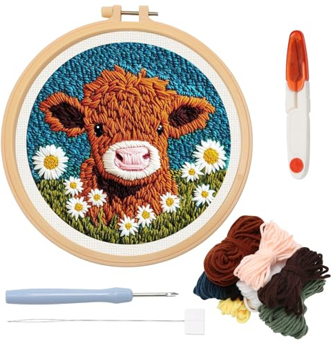 Juyibaao DIY Punch Needle Kit for Beginners, Highland Cow, 20x20cm | Embroidery Starter Set, Includes Hoop Punch Needle Instructions, Easy Craft Embroidery Kit, Festival Decoration for Adults