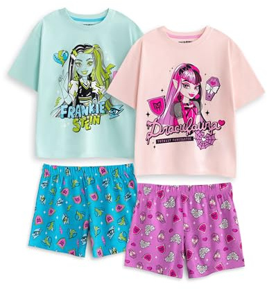 Monster High Girls Pyjama Set | Blue Frankie Stein & Pink Draculaura Short Sleeve Short Leg Sleepwear | Multi-Pack of 2 Cartoon PJs with All Over Print | Kids Nightwear