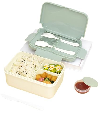 Lonchera Bento de 1200 ml, lonchera a prueba de fugas para niños y adultos, contenedor de almuerzo con 3 compartimentos, caja de cubiertos y condimentos, para escuela, jardín de infantes, oficina y