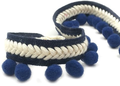 Blausky 3.5cm x 1 Yard Pomponborte,Bunt Pom Poms Quaste Bommelborte im ethnischen Stil Fransenborte Quaste Trim Pompoms Bänder Quastenband zum Nähen für DIY Kleidung Vorhang Kissen Deko,Dunkelblau