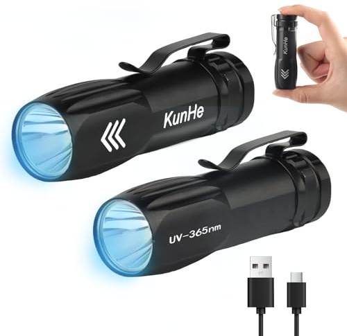 KunHe 2er Set Profi UV Taschenlampe 365nm Echtes Schwarzlicht Aufladbare LED Lampe für Bernstein Suche, Pilz-Erkennung bei Katzen & Geldprüfung