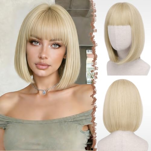 FESHFEN Hellblond Kurze Bob Perücken mit Pony, 28 cm Gerade Light Blonde Wig für Karneval Synthetische Bunt Cosplay Haar Tägliche Party Neon Perücke für Frauen Kostümparty