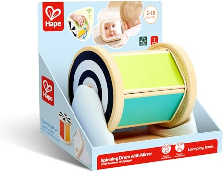 Hape Dreh-Trommel mit Spiegel, Montessori Spielzeug, Farbenfrohes Lernspielzeug zur Förderung der Sinneswahrnehmung, Motorikspielzeug aus Holz für Babys ab 3 Monaten