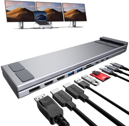 Mukiya 10 in 1 USB C Laptop Dock Stand 4K Triple Monitor with PD 100W | 2*HDMI+1*DisplayPort(up to 4K@60Hz), 2 USB A 3.0, 2 USB A 2.0, PD 100W, USB C 3.0+SD&TF for Mac Pro/Air/Dell/HP/Surface/Acer