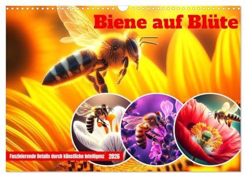 Biene auf Blüte - Faszinierende Details durch künstliche Intelligenz (Wandkalender 2026 DIN A3 quer), CALVENDO Monatskalender: Makrofotografierten ... Intelligenz gestaltet. (CALVENDO Tiere)