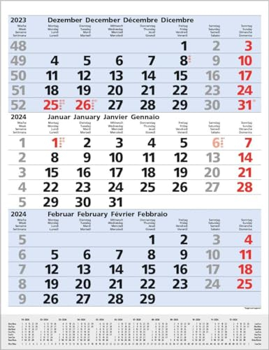 3-Monats-Planer Comfort Blau 2024: 3-Monatskalender groß I Wandplaner / Bürokalender mit Datumsschieber, Vor-und Nachmonat und Jahresübersicht I 30 x 39 cm