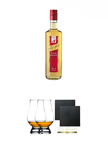 Gosch Sylter Aquavit Spezialität 0,7 Liter + The Glencairn Glas Stölzle 2 Stück + Schiefer Glasuntersetzer eckig ca. 9,5 cm Ø 2 Stück