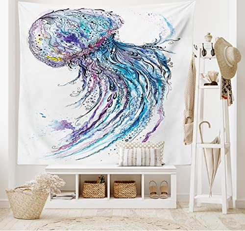 ABAKUHAUS Qualle Wandteppich, Aqua Farben Kunst Ozean Tier Druck Skizze Stil Kreative Meer Meer Thema, aus Weiches Mikrofaser Stoff Wand Dekoration Für Schlafzimmer, 230 x 140 cm, Blau Violett Weiß