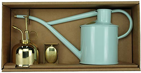 Haws Zimmergießkanne Hellblau 1 L und Pflanzensprüher Messing 300 ml im Geschenk Set