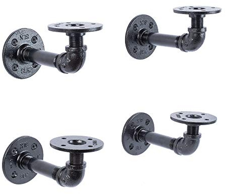 Pipe DÉCOR Electroplated Industrial Pipe Double Flange Brackets Set of 4 Industrial Steel Black Shelf Brackets for Hanging Shelves Wall Mounted Pre-Sealed Ready to Use Real Durable Metal (4 Inch)
