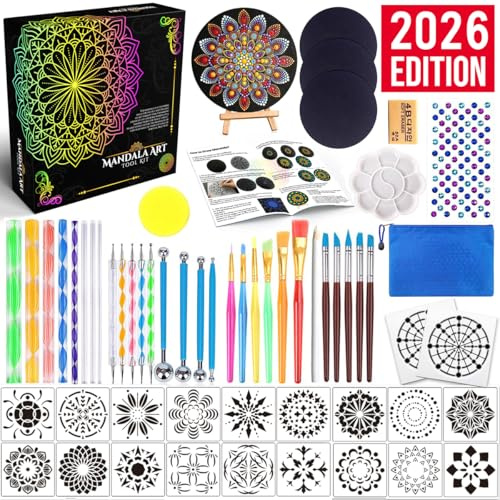 Kit Peinture Mandala, Outils de Pointillage (Dotting Tools), Set Peinture sur Galets et Pierres avec Pochoirs, Pinceaux, Trousse. Loisirs Créatifs Adulte & Enfant, Nail Art, Céramique, Idée Cadeau