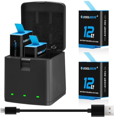 COOLSHOW Hero 12 Akku Hero 11 Akku Hero 10/9 Akku 2 Stück mit Hero 12/11/10/9 Akku Ladegerät Kit 3 Slot Batteriespeicherbox Design Kompatibel mit GoPro Hero 12 Black,HERO11 10 9 Black