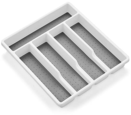 Homikit Cutlery Tray Organiser, Plastic Cutlery Drawer Organiser/Divider, 5 Compartments Utensil Tray Silverware Holder, Kitchen/Office/School Storage, Non-Slip Rubber Feet, White & Grey - 32.6x29cm