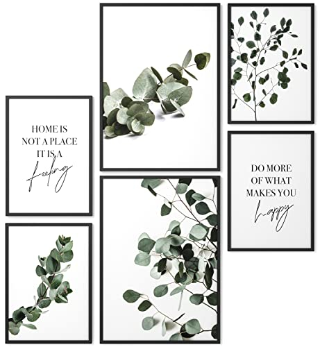 Papierschmiede® Mood Poster Set Eucalyptus Garden, Fertiges Bilder Set mit Rahmen (Holz, schwarz), Wohnzimmer Deko Schlafzimmer, 2x DIN A4 und 4x DIN A5, Eukalyptus Grün Ruhe