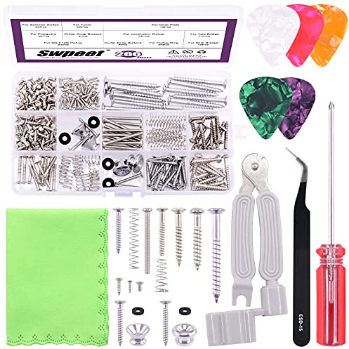 Swpeet 263Pcs Electric Guitar Screw Kit (9 Types) with Springs and Guitar String Winder, Screwdriver,Tweezers,0.75mm Guita Pick for Electric Guitar Bridge