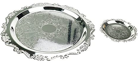 Quluxe Vassoio rotondo vintage in metallo, 2 pezzi, riutilizzabile, decorativo, antipasto, per cucina, feste, centrotavola, argento (10 cm + 25 cm)