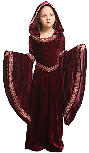 Feynman Kinder Mädchen Mittelalter Kostüm mittelalterlichen Renaissance Adels Palast Prinzessin Kleid Halloween viktorianischen Königin Kostüm Weinrot L