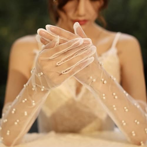 PTNKUIIY Hochzeit Braut Handschuhe, Ellenbogen Lang Tüll Handschuhe Halbdurchsichtige Netzhandschuhe für Opera Fest Party Geburtstag Karneval Tanzen Abend Handschuhe Damen Kostüm Accessoires,Weiß